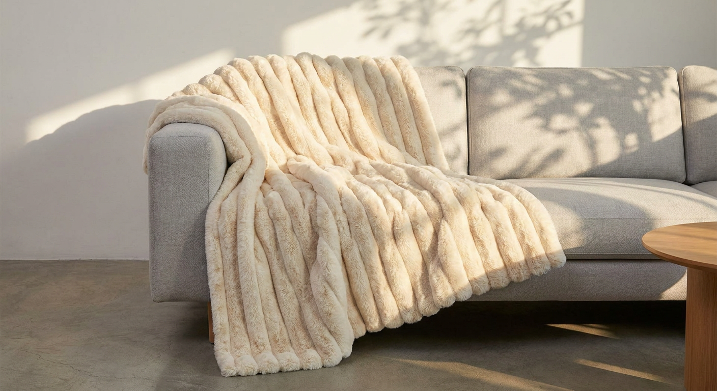 The Anara Blanket in cream, draped over a sofa in long afternoon shadow