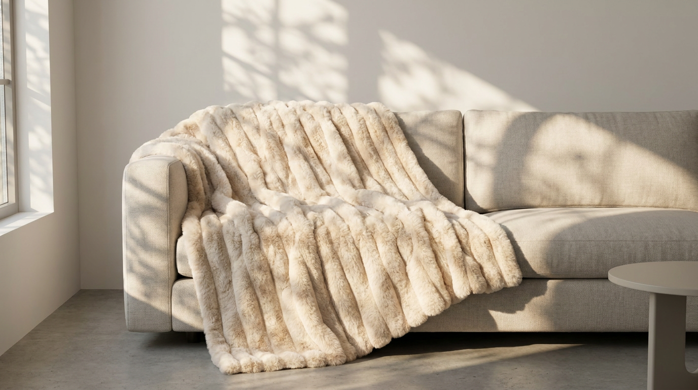 The Anara Blanket in cream, spread across a sofa beside a window