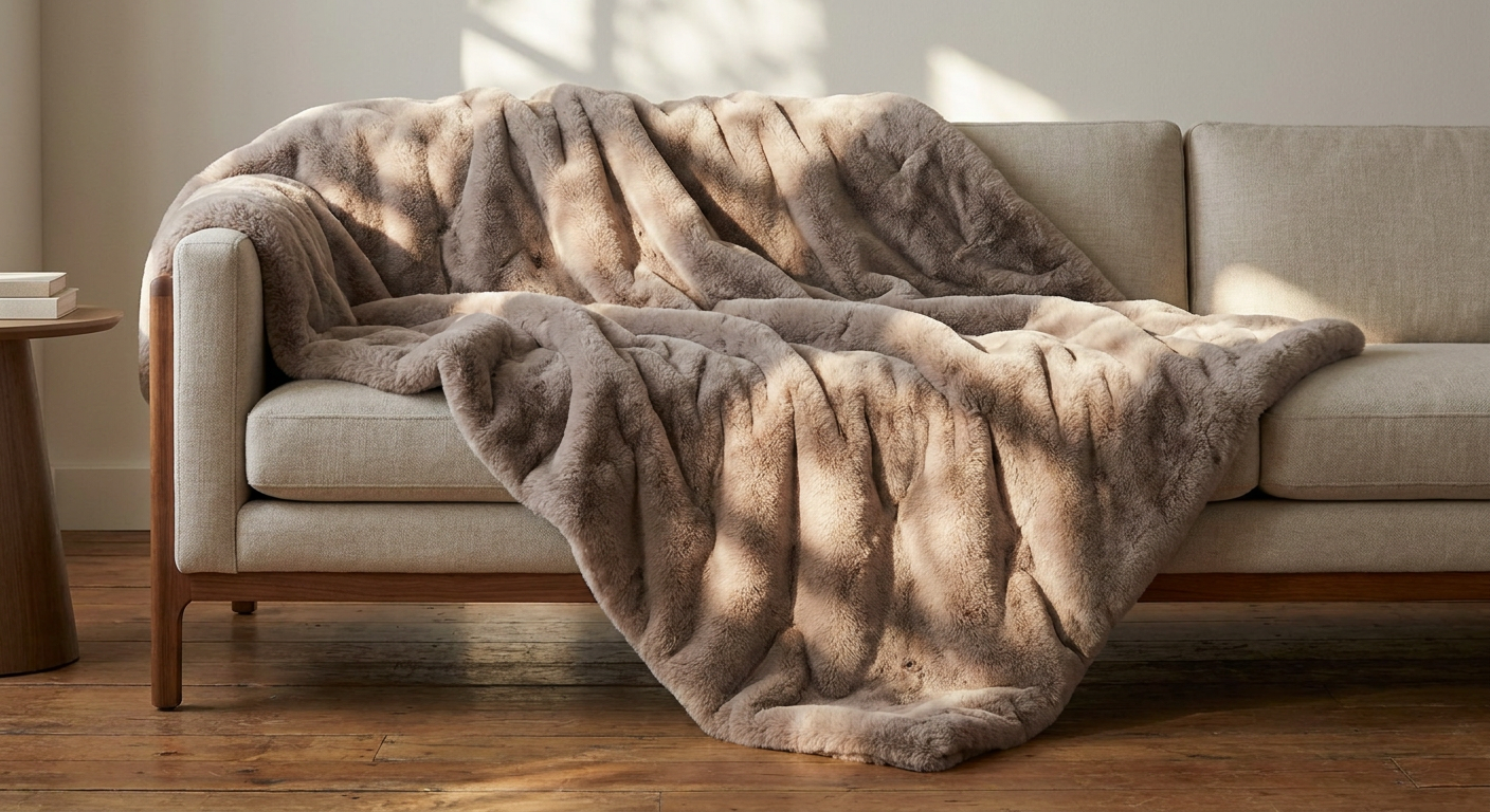 The Anara Blanket settled across a sofa in warm daylight